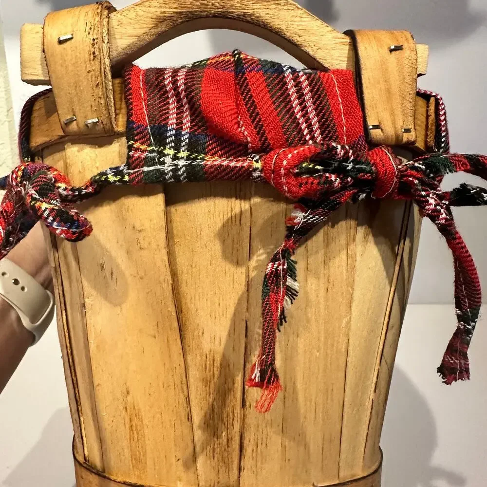 Large Oblong Red Plaid Fabric Lined Basket Gift Basket 22x8.5x7.5 Wooden Handles